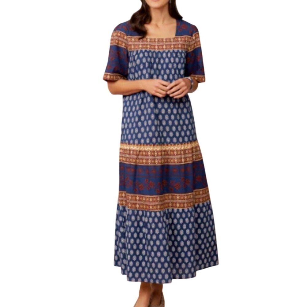 Vermont Country Store Womens Blue Red Floral‎ Cotton Tiered Muumuu Dress Medium